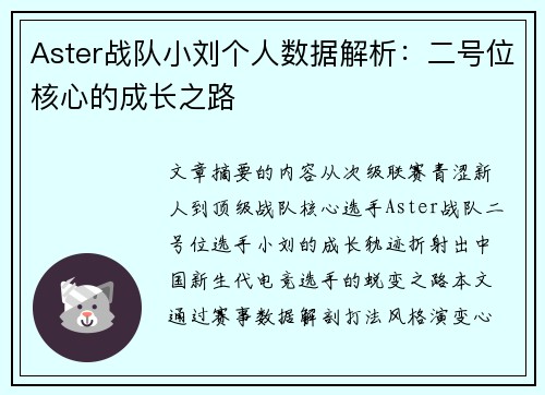 Aster战队小刘个人数据解析：二号位核心的成长之路
